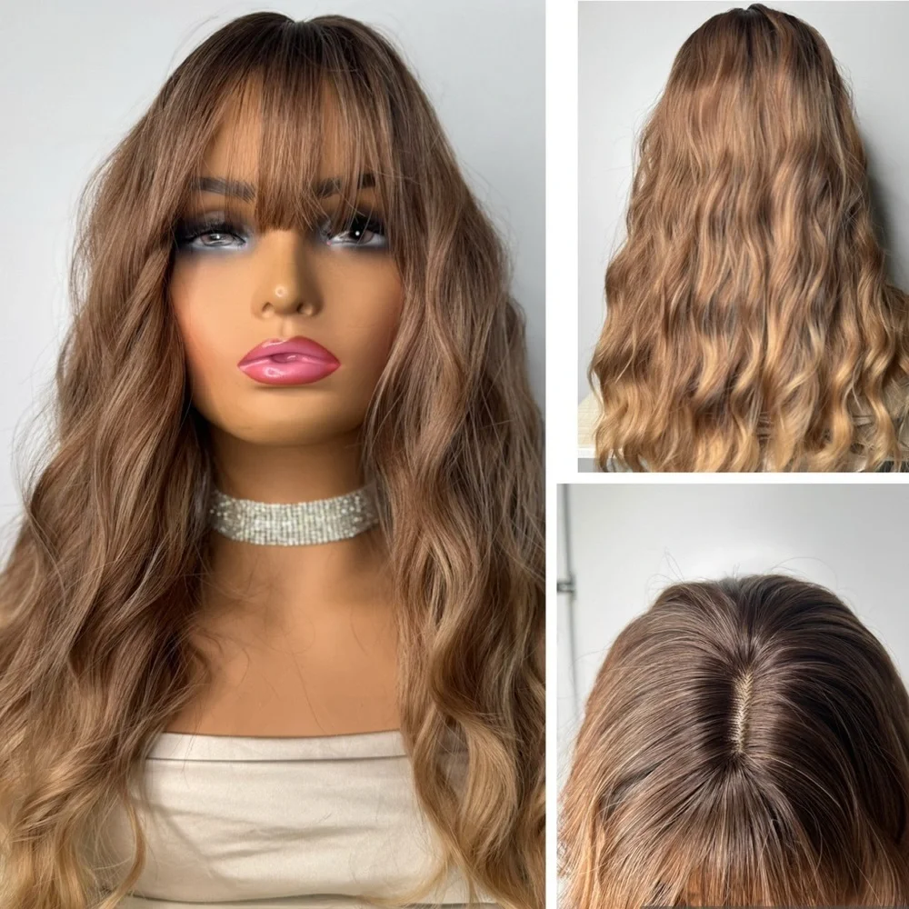 Long Wavy Synthetic Wig w/ Curtain Bangs – Mocha Brown Balayage – Natural Waves